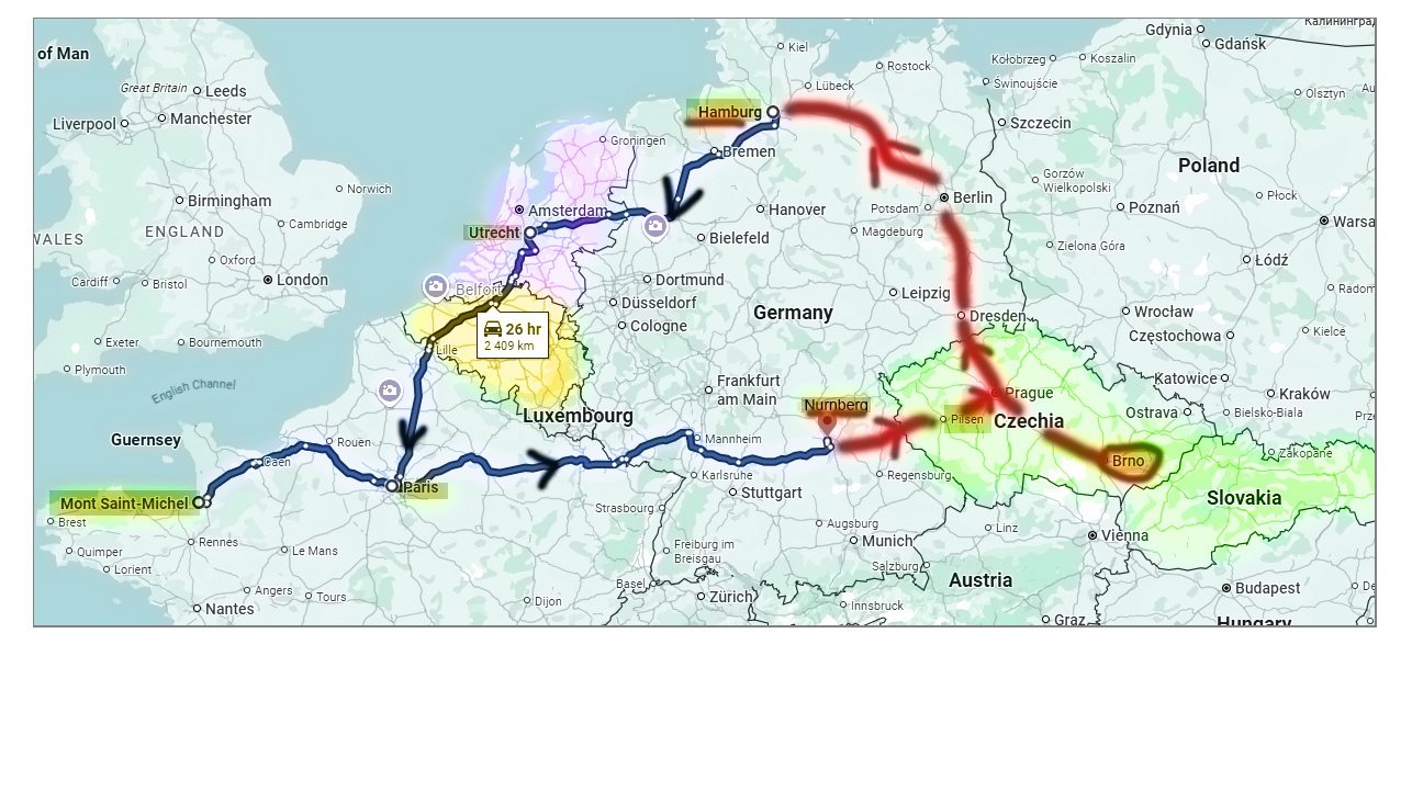 🟦 Blue: Hitchhiking route 🟥 Red: Train route