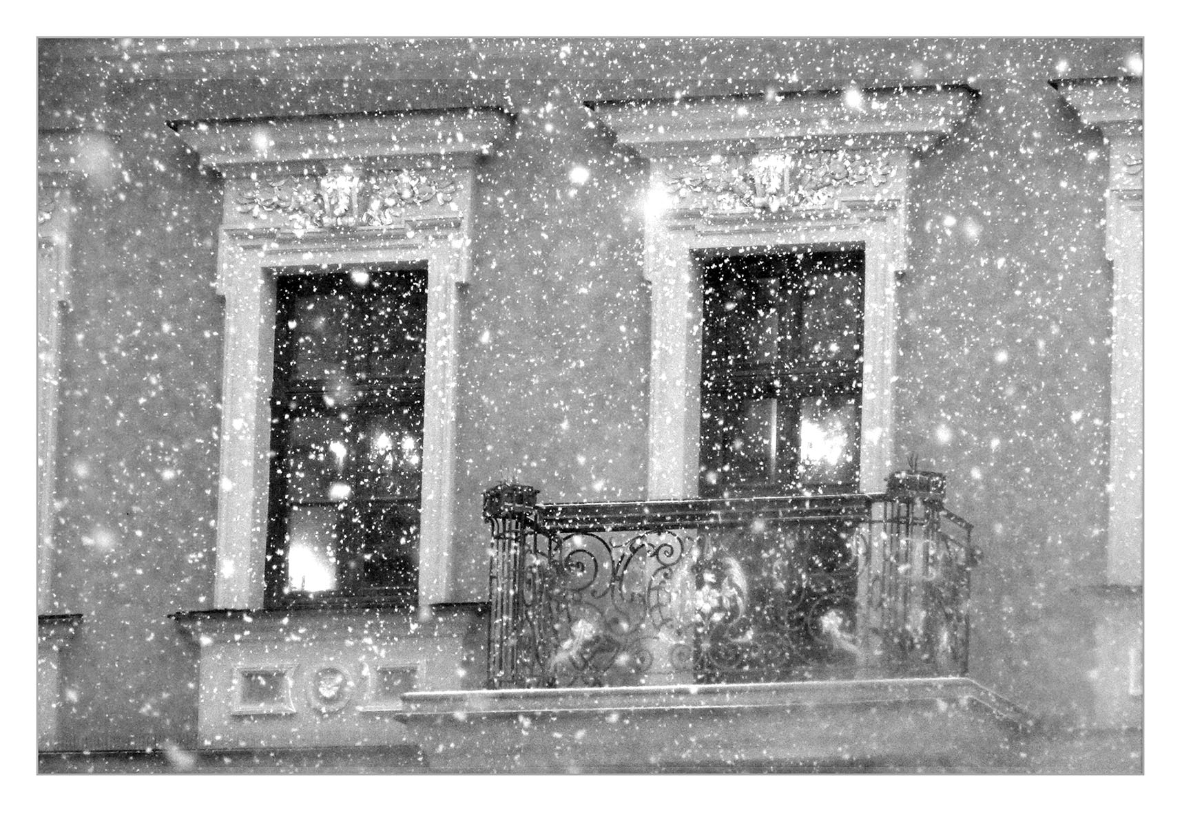 I look out. It's snowing. Still snowing.