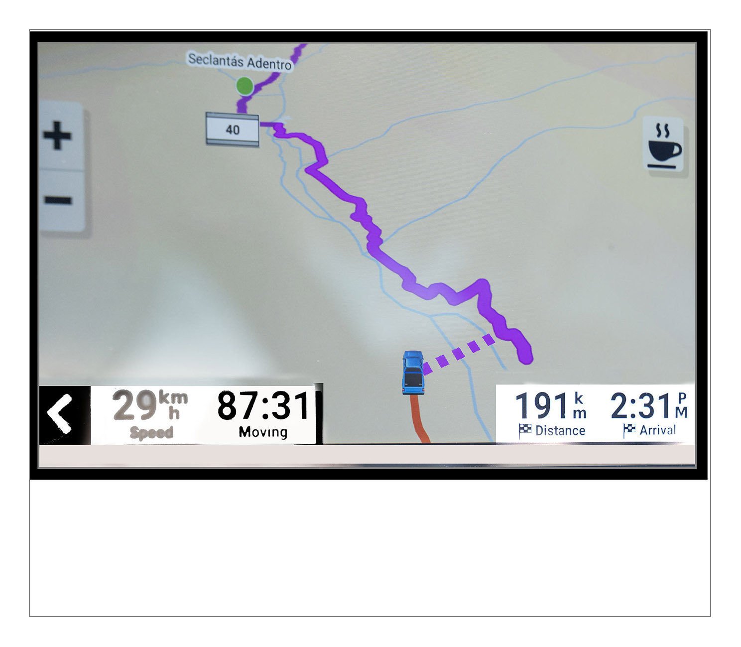 A river runs between us and the route shown on the GPS.